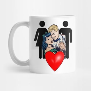 Blond boy's red heart with brunette girlfriend Mug